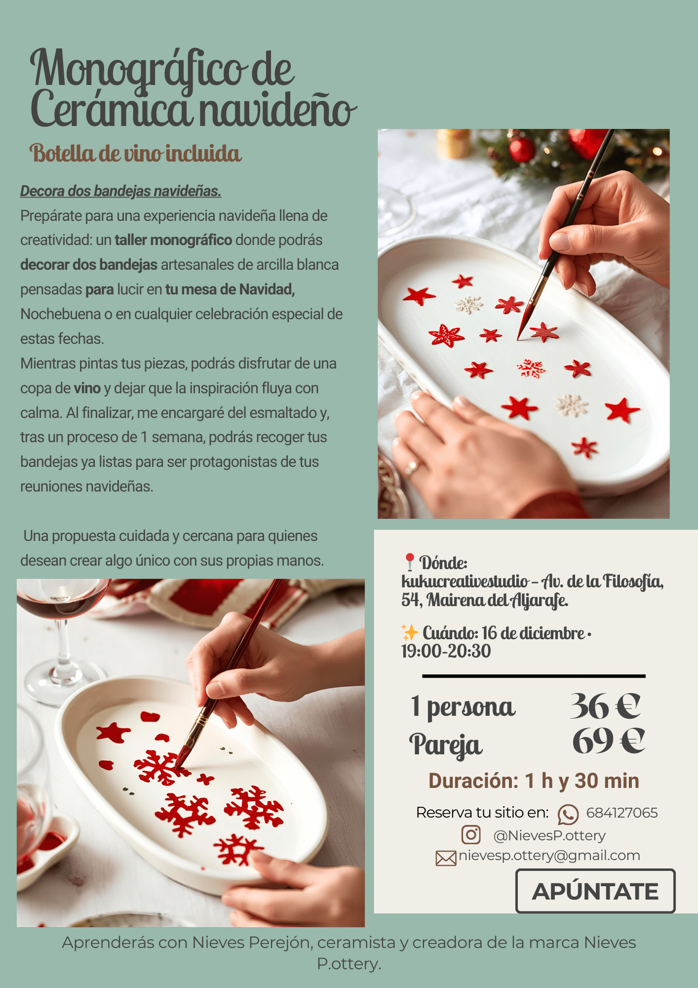 Cartel informativo del taller monográfico de cerámica navideña donde se decoran dos bandejas de arcilla blanca con motivos de Navidad, con fecha, precio y localización en Kukú Creative Studio.
